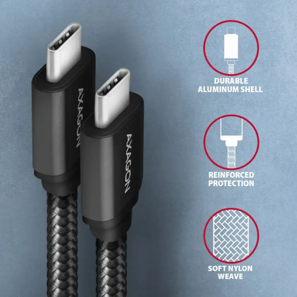 Axagon Duomenų perdavimo ir įkrovimo USB 3.2 Gen 1 kabelis, ilgis 1 m. PD 60 W, 3 A. Juodos spalvos pintas.