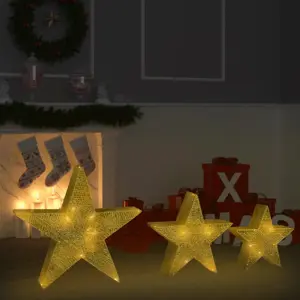 Kalėdų dekoracija žvaigždės, 3vnt., auksinės, tinklinės, su LED