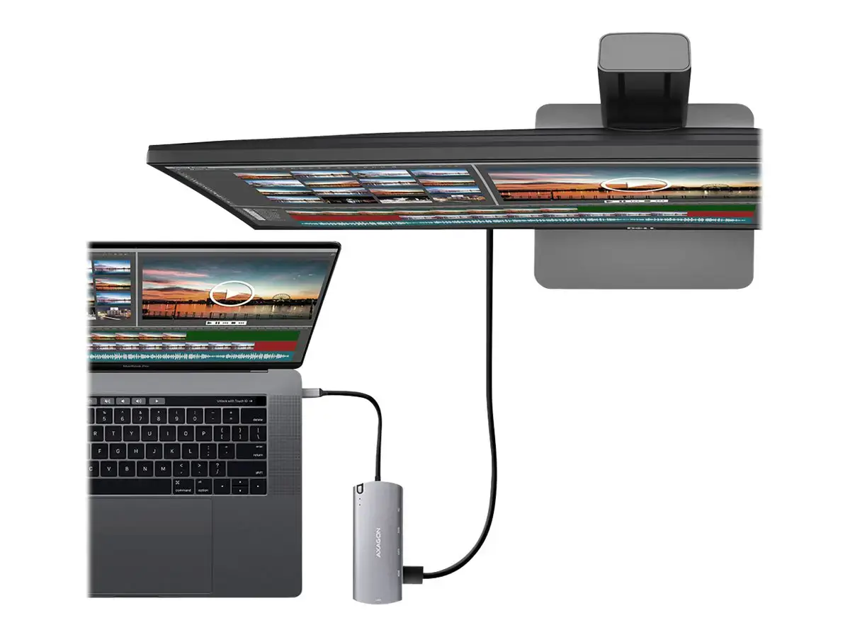 Axagon HMC-6M2 SUPERSPEED USB-C COMBO 6IN1 HUBMultiport USB 3.2 Gen 1 šakotuvas. SATA M.2, HDMI, Gigabit LAN ir Power Delivery. Kabelis USB-C 18 cm.