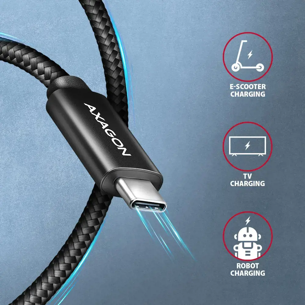 Axagon Data and charging USB 480Mbps cable length 2.5 m. PD 240W, 5A. Black braided.