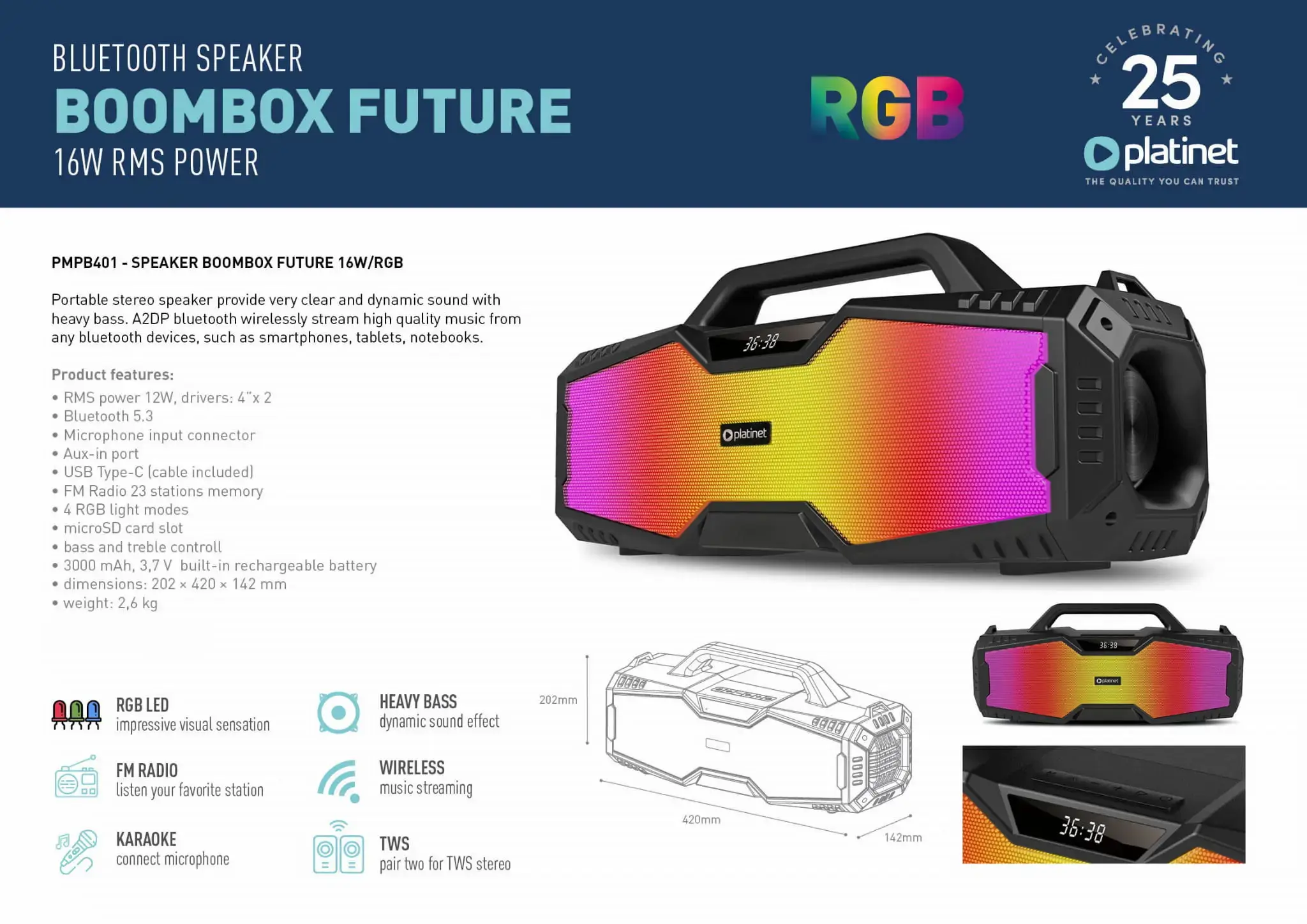 Platinet wireless speaker Boombox Future 16W (45951)