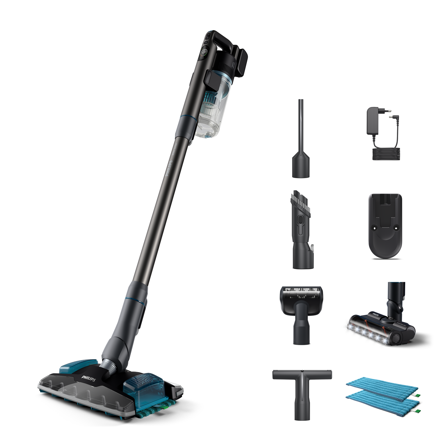 Philips 8000 series XC8055/01, Stick vacuum, Bagless, Aqua colour, Black, 0.6 L, Rectangular, Dry&wet