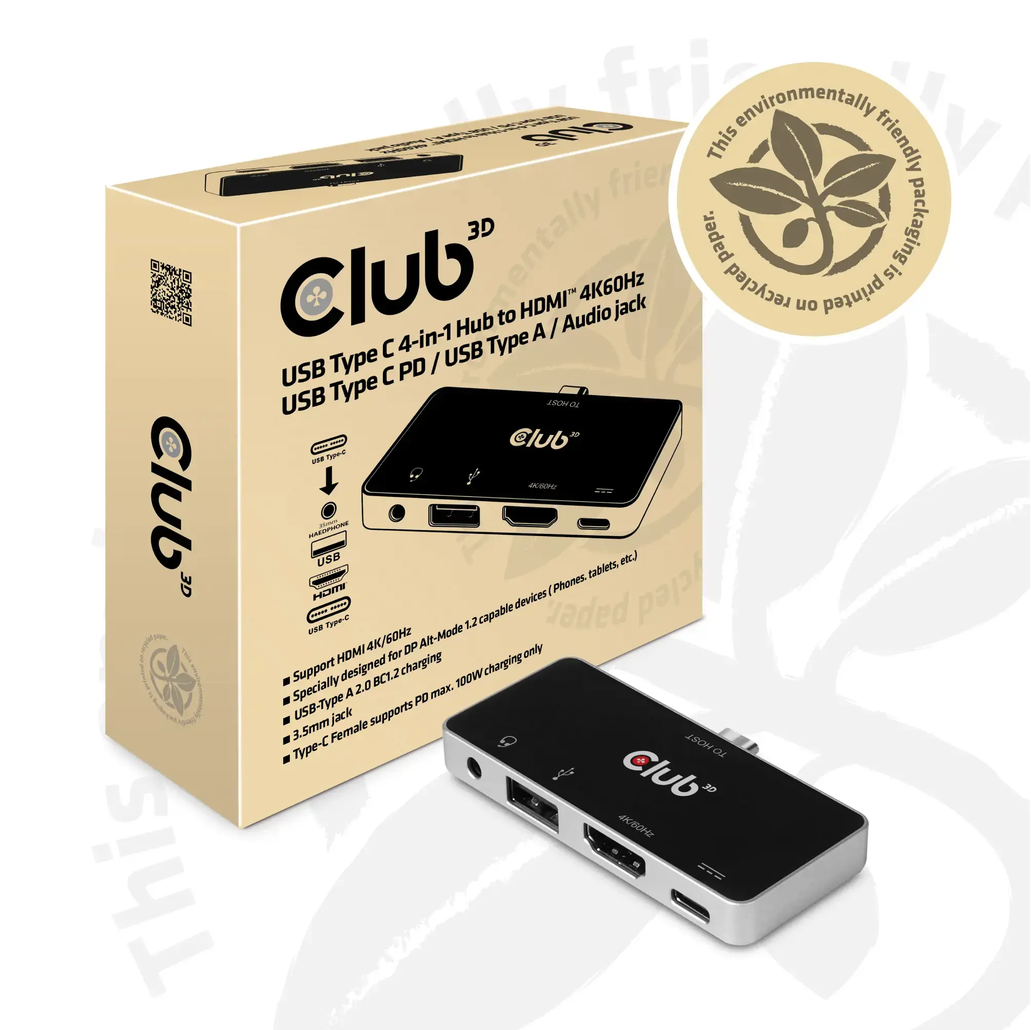 CLUB3D USB Type C 4-in-1 Hub to HDMI™ 4K60Hz USB Type C PD / USB Type A / Audio jack, Docking, USB 3.2 Gen 1 (3.1 Gen 1) Type-C, 100 W, 3.5 mm, Black, Chrome, 4K Ultra HD