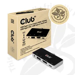CLUB3D USB Type C 4-in-1 Hub to HDMI™ 4K60Hz USB Type C PD / USB Type A / Audio jack, Docking, USB 3.2 Gen 1 (3.1 Gen 1) Type-C, 100 W, 3.5 mm, Black, Chrome, 4K Ultra HD