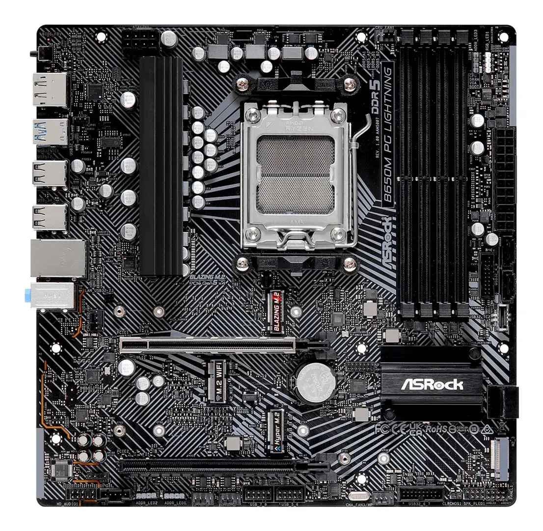 Pagrindinė plokštė ASROCK AMD B650 SAM5 Micro-ATX Atmintis DDR5 Atminties lizdai 4 1xPCI-Express 3.0 16x 1xPCI-Express 4.0 16x 3xM.2 1xHDMI 1xDisplayPort 4xUSB 2.0 3xUSB 3.2 1xUSB-C 1xRJ45 3xAudio prievadas B650MPGLIGHTNING