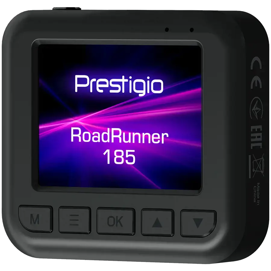 Prestigio RoadRunner 185, 2.0'' IPS (320x240) ekranas, FHD 1920x1080@30fps, HD 1280x720@30fps, Jieli AC5601, 2 MP CMOS GC2053 vaizdo jutiklis, 2 MP kamera, 140° matymo kampas, Micro USB, 180 mAh, naktinis matymas, judesio aptikimas, G jutiklis, ciklinis įrašymas, spalvotas/juodas, plastikinis korpusas