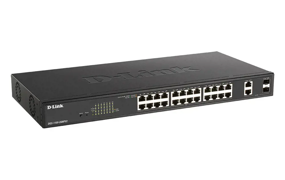 D-LINK 26 prievadų Layer2 PoE+ Gigabit Smart valdomas komutatorius 24x 10/100/1000Mbps TP RJ-45 PoE prievadas 802.3at Power-over-Ethernet
