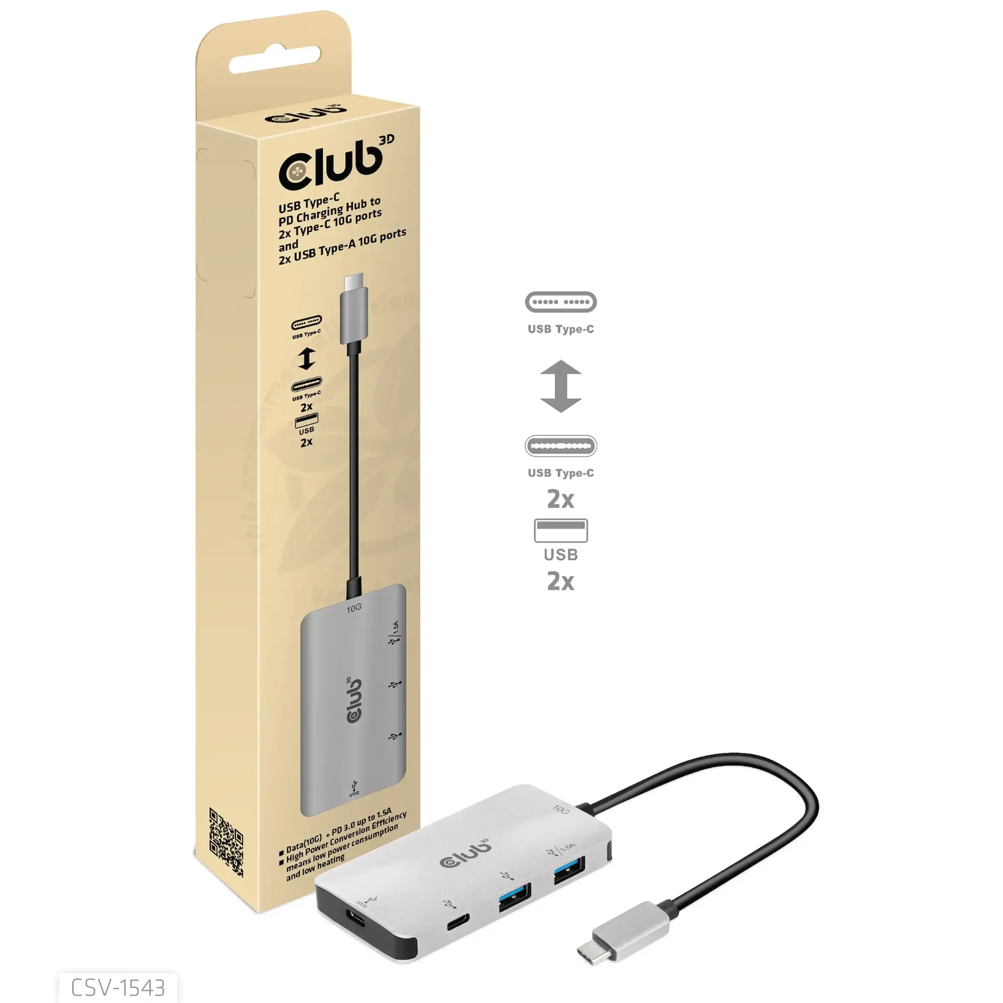 CLUB3D USB Gen2 Type-C PD Charging Hub to 2x Type-C 10G ports and 2x USB Type-A 10G ports, USB 3.2 Gen 2 (3.1 Gen 2) Type-C, USB 3.2 Gen 2 (3.1 Gen 2) Type-A, USB 3.2 Gen 2 (3.1 Gen 2) Type-C, 10000 Mbit/s, Black, Silver, 100 W, Round cable