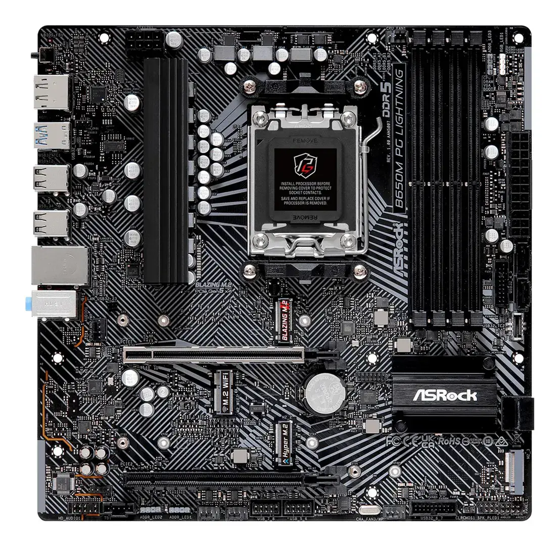 Pagrindinė plokštė ASROCK AMD B650 SAM5 Micro-ATX Atmintis DDR5 Atminties lizdai 4 1xPCI-Express 3.0 16x 1xPCI-Express 4.0 16x 3xM.2 1xHDMI 1xDisplayPort 4xUSB 2.0 3xUSB 3.2 1xUSB-C 1xRJ45 3xAudio prievadas B650MPGLIGHTNING