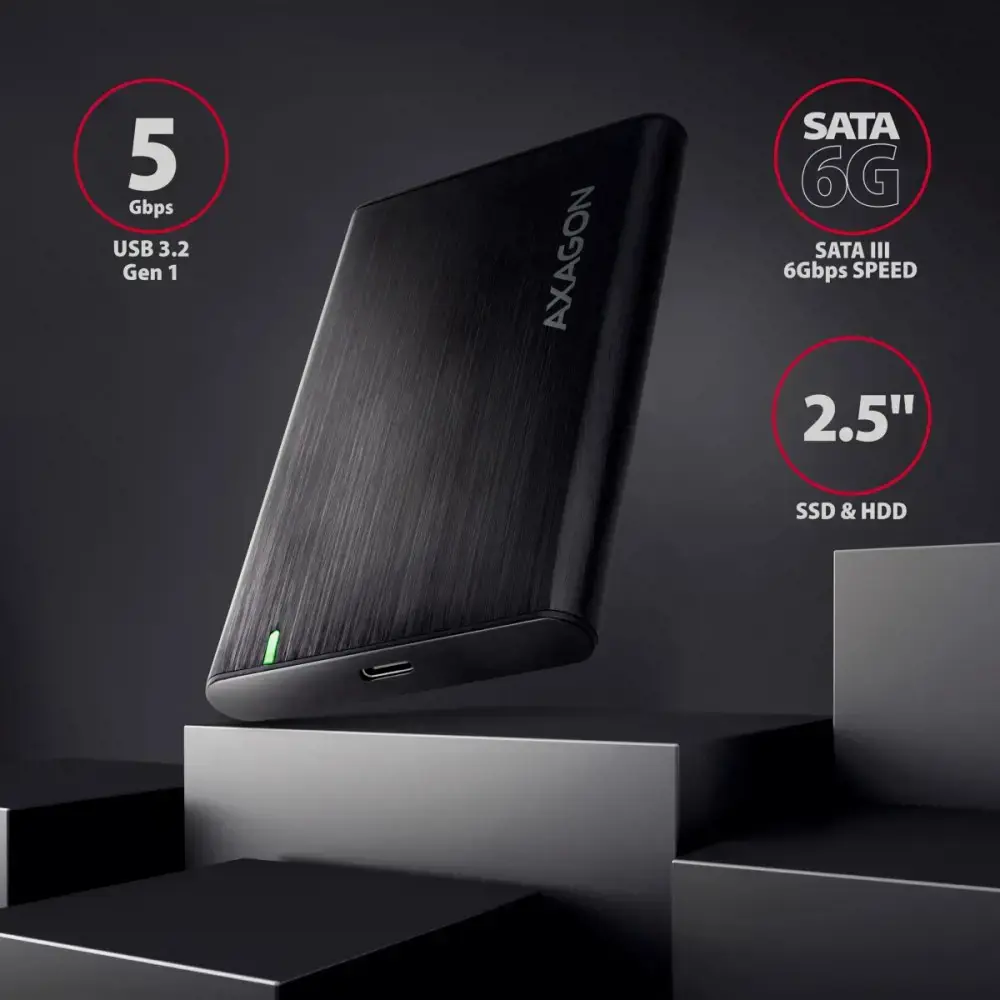AXAGON EE25-A6C USB-C 3.2 Gen 1 - SATA 6G 2,5" išorinis SCREWLESS ALU RAW langelis BLACK