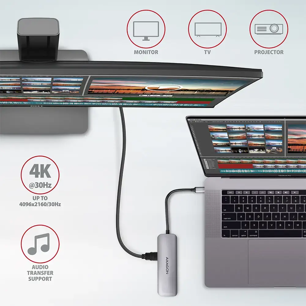 Daugiaportis USB 3.2 Gen 1 šakotuvas. HDMI, kortelių skaitytuvas ir "Power Delivery". 20 cm ilgio USB-C kabelis.