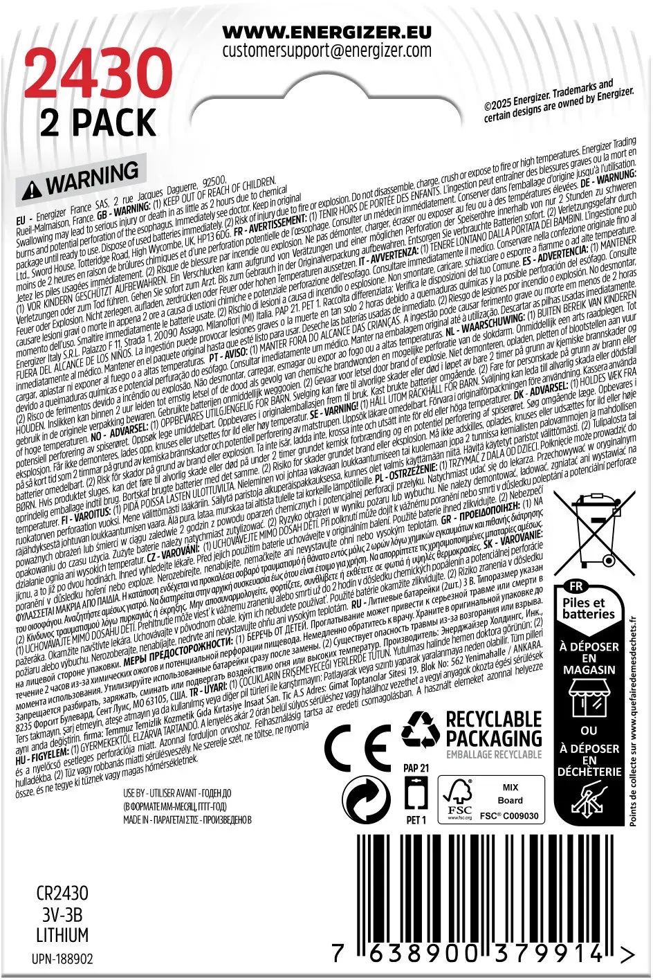 Energizer battery Lithium CR2430 BP2