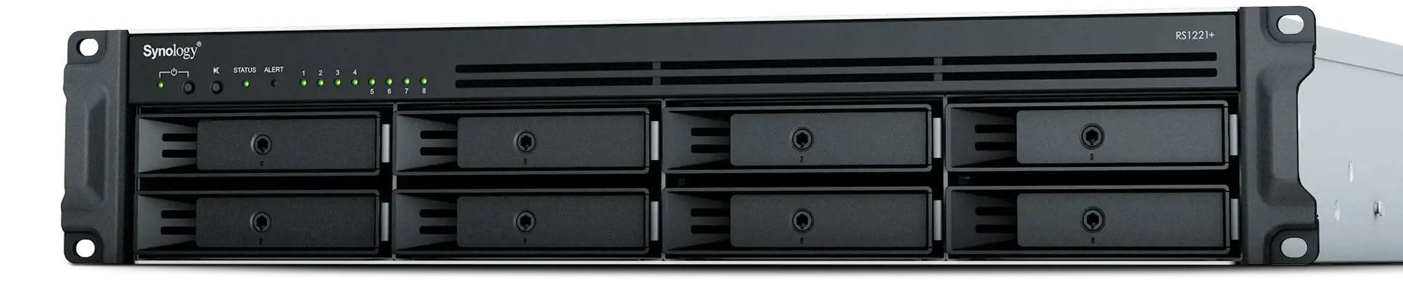 SYNOLOGY RS1221RP+ 8 lizdų NAS įrenginys-laikiklis AMD Ryzen V1500B keturių branduolių 2,2 GHz 4 GB DDR4 iki 32 GB RJ-45 4x1GbE 2xUSB 3.2 1xeSATA