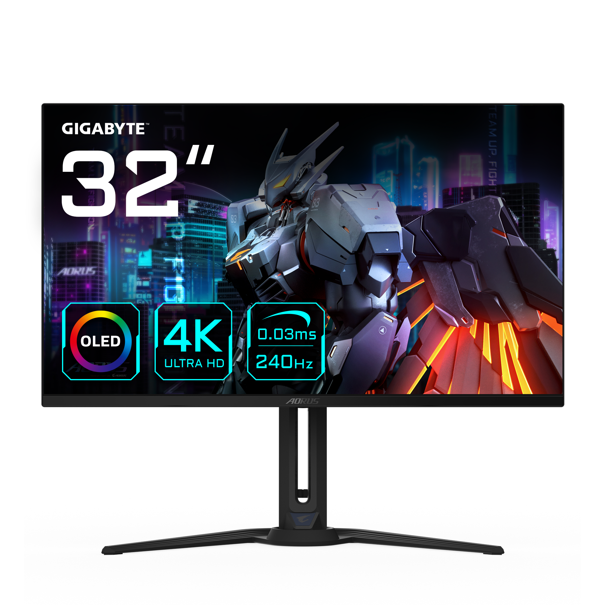 GIGABYTE AORUS FO32U2 32” OLED Gaming Monitor - 3840 x 2160(UHD), 240Hz, 0.03ms, KVM, 250 cd/m2, FreeSync Premium Pro, DisplayHDR True Black 400, HDMI 2.1, 80 cm (31.5"), 3840 x 2160 pixels, 4K Ultra HD, OLED, 0.03 ms, Black