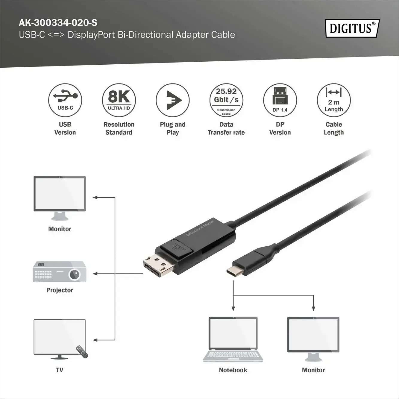 DIGITUS USB Type-C į DisplayPort dvikryptis maks. skiriamoji geba 8K 30Hz ilgis 2 m Juoda