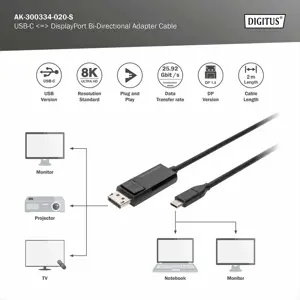 DIGITUS USB Type-C į DisplayPort dvikryptis maks. skiriamoji geba 8K 30Hz ilgis 2 m Juoda