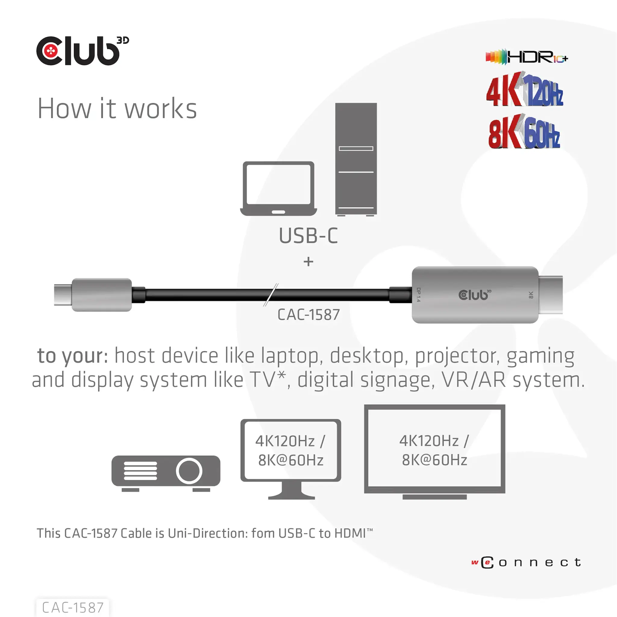CLUB3D USB Gen2 Type-C to HDMI 4K120Hz 8K60Hz HDR10 with DSC1.2 Active Cable M/M 3m / 9.84ft, USB Gen2 Type-C, HDMI Type A (Standard), 3 m, Black