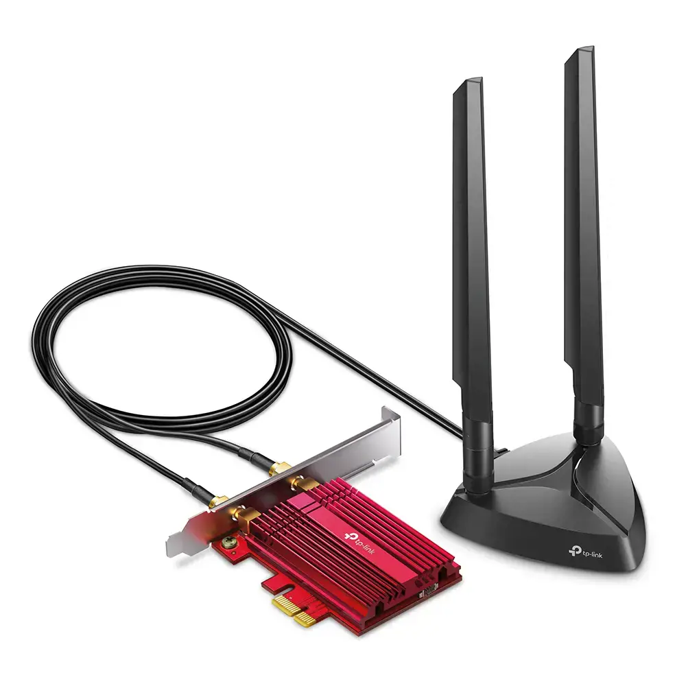 TP-Link AXE5400 "Wi-Fi 6E Bluetooth 5.2 PCIe" adapteris, vidinis, belaidis, PCI Express, WLAN / Bluetooth, 5400 Mbps, juodas, raudonas