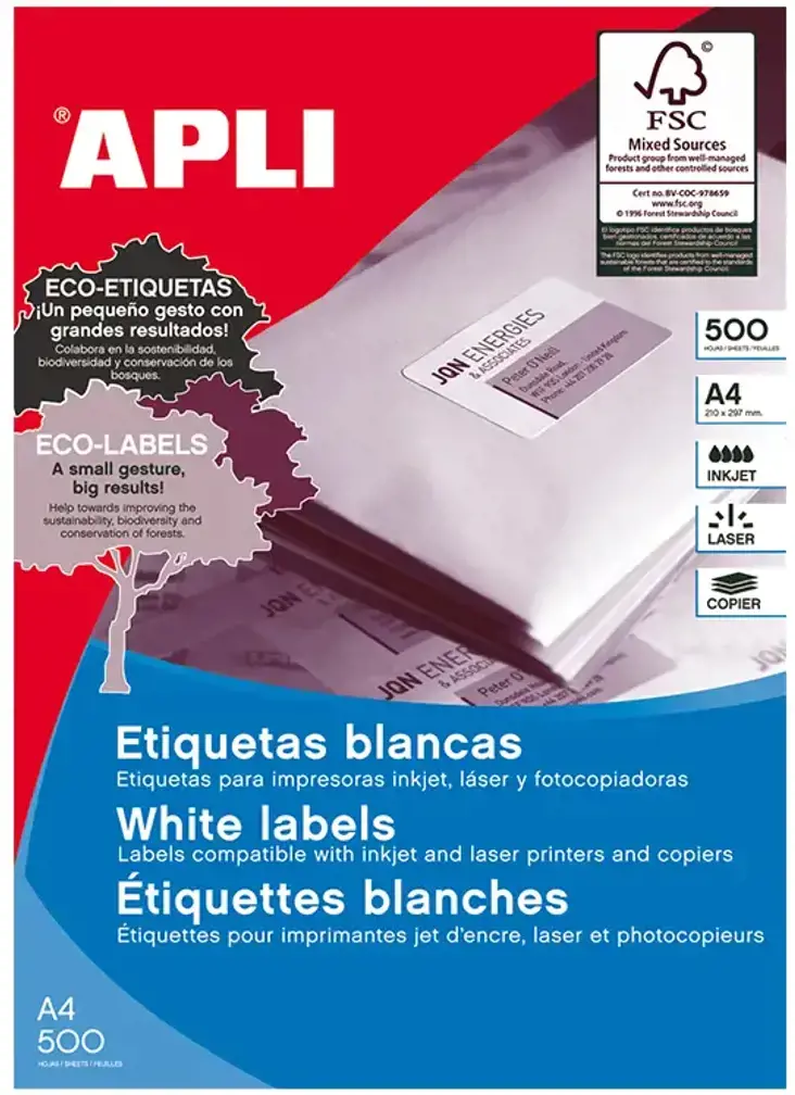 Lipnios etiketės APLI, 105 x 74 mm, A4, 8 lipdukai lape, 500 lapų, balta sp