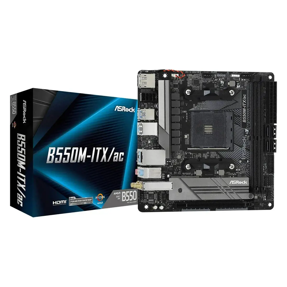 ASROCK B550M-ITX/ac mini ITX MB 3 kartos AMD AM4 lizdas DDR4 4733+ 4.0 x16 PCIe DisplayPort 1.4 HDMI 7.1 CH HD 4 SATA3 6 USB 3.1 Gen1