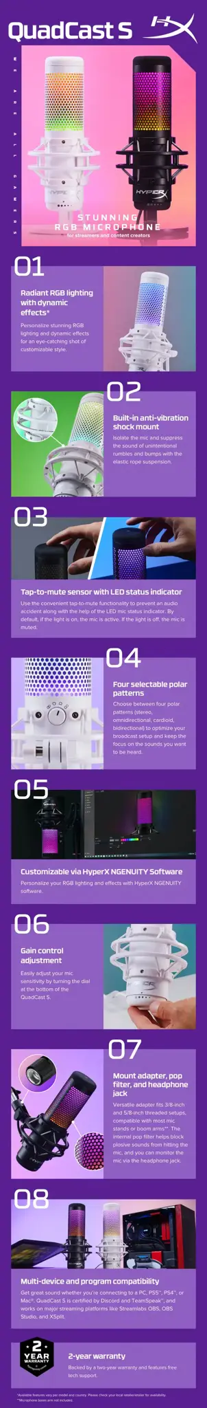 "HyperX QuadCast S", -36 dB, 0,05 %, 32 Ω, 90 dB, visakryptis, laidinis