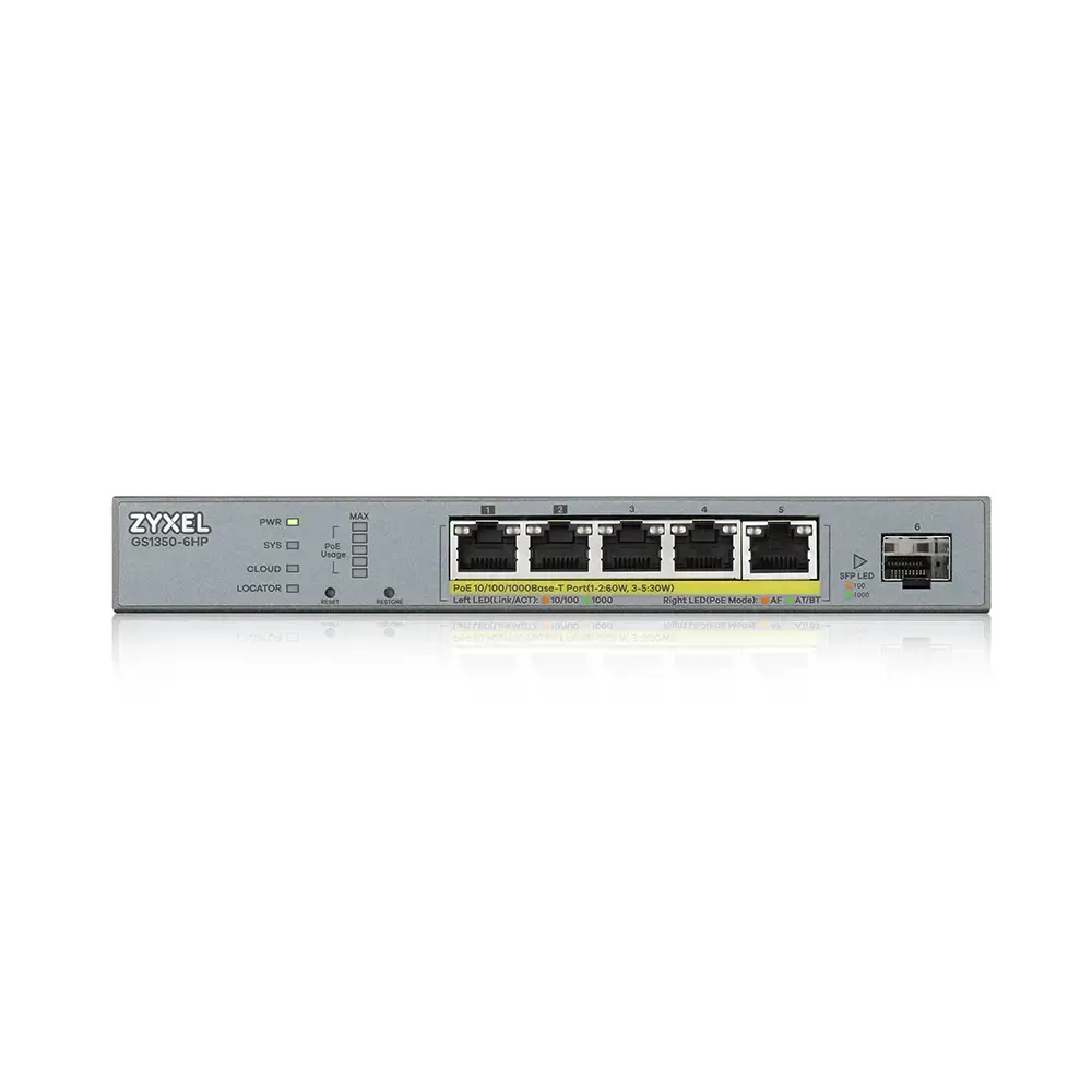 Zyxel GS1350-6HP-EU0101F, valdomas, L2, Gigabit Ethernet (10/100/1000), maitinimas per Ethernet (PoE), montuojamas ant sienos
