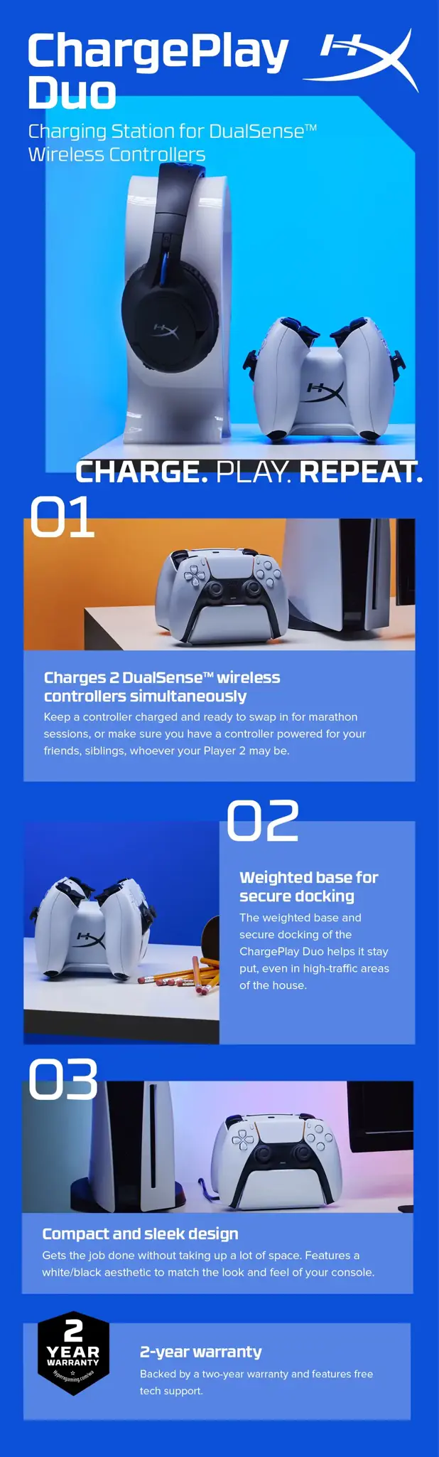 "HyperX CHARGEPLAY DUO PS5", "PlayStation 5", įkrovimo stovas, juodas, baltas, 5 V, 2 A, 6 val.