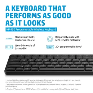 HP 450 programuojama belaidė klaviatūra, pilno dydžio (100 %), RF belaidė + USB, mechaninė, QWERTY, juoda