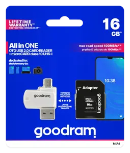 "Goodram M1A4 All in One", 16 GB, "MicroSDHC", 10 klasė, UHS-I, 100 MB/s, 10 MB/s