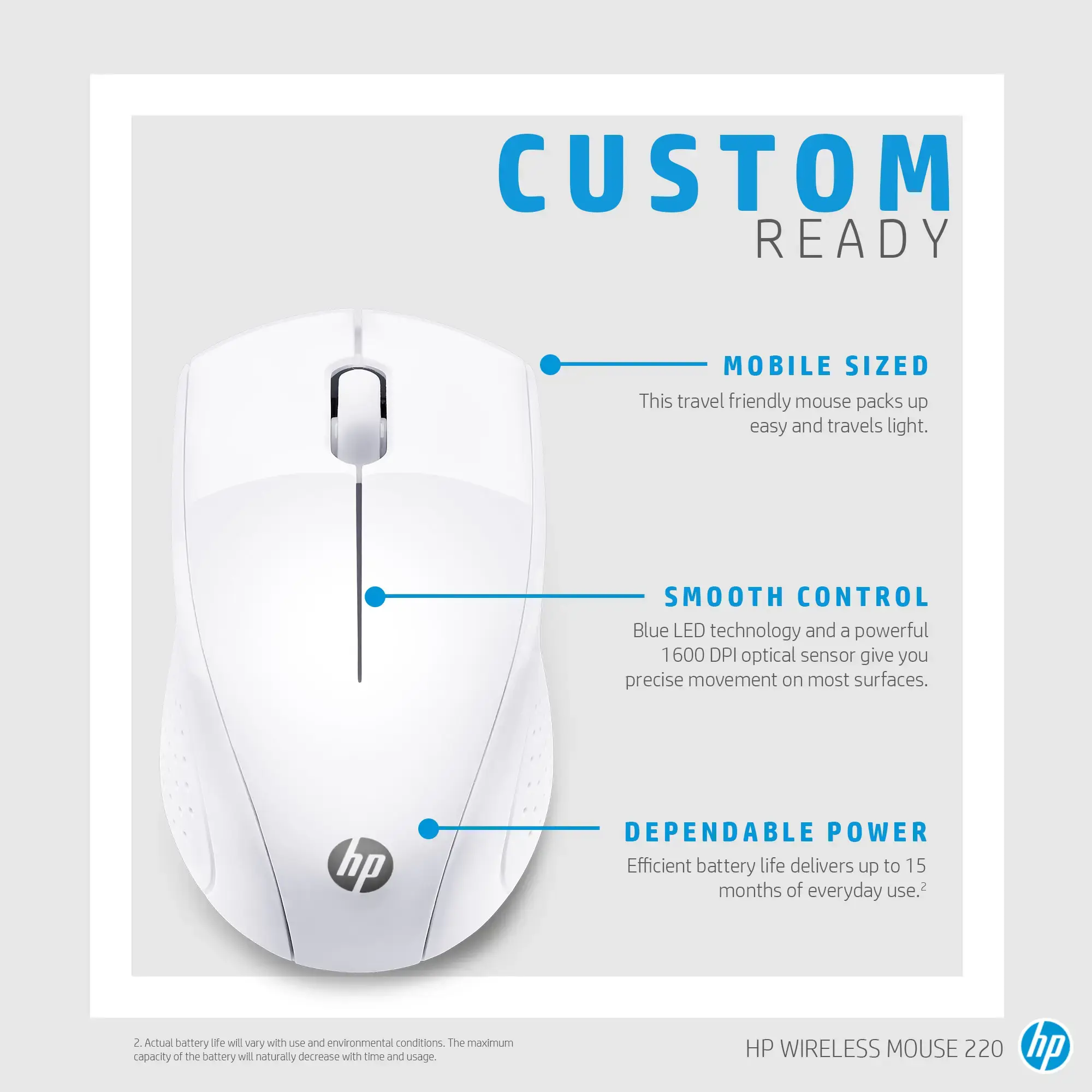 HP Wireless Mouse 220 (Snow White), Optical, RF Wireless, White