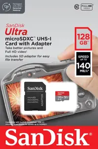"SanDisk Ultra microSDXC" 128GB + SD adapteris 140MB/s A1 10 klasės UHS-I - vaizdinė pakuotė; EAN:619659200022