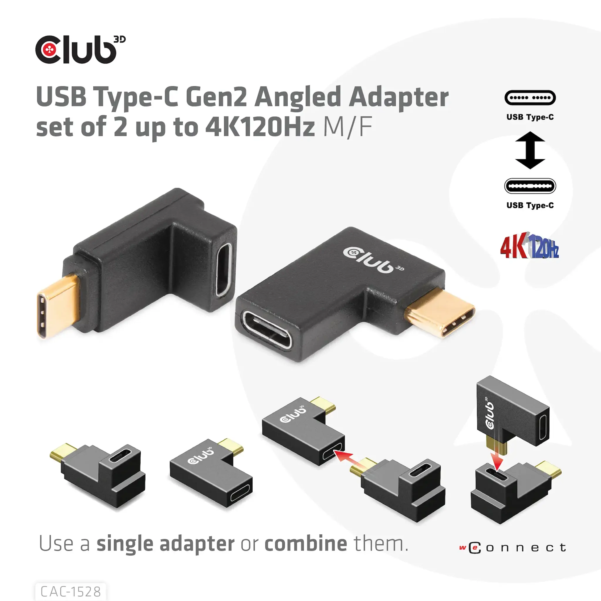 CLUB3D USB Type-C Gen2 Angled Adapter set of 2 up to 4K120Hz M/F, USB C, USB C, USB 3.2 Gen 2 (3.1 Gen 2)