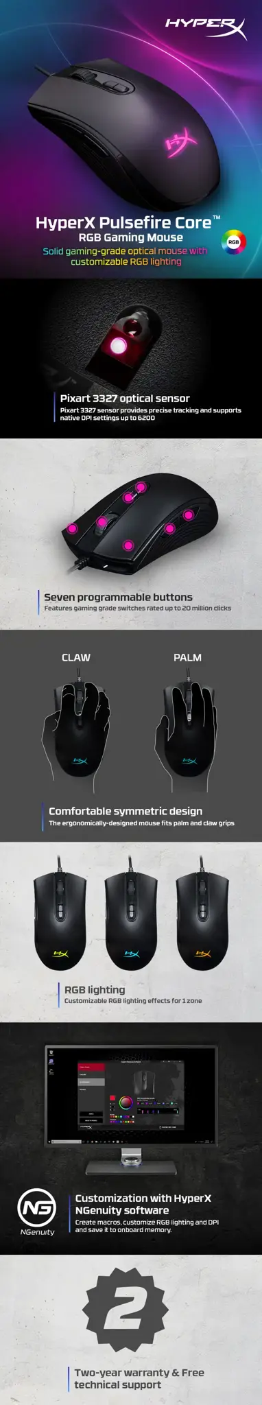 "HyperX Pulsefire Core" - žaidimų pelė (juoda), dvipusė, optinė, A tipo USB, 6200 DPI, juoda