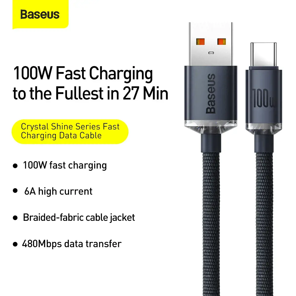 Baseus crystal shine series fast charging data cable USB Type A to USB Type C100W 1,2m black (CAJY000401)