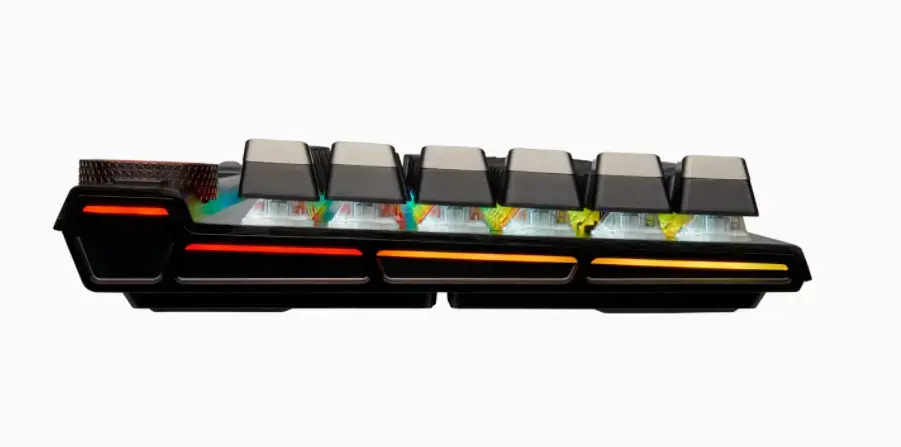 CORSAIR K100 RGB optinė mechaninė žaidimų klaviatūra su RGB LED apšvietimu CORSAIR OPX RAPIDFIRE juoda PBT klaviatūra