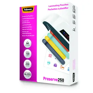 "Fellowes" A4 blizgus 250 mikronų laminavimo maišelis - 100 pakuočių, permatomas, blizgus, A4, 0,25 mm, 210 mm, 1 mm