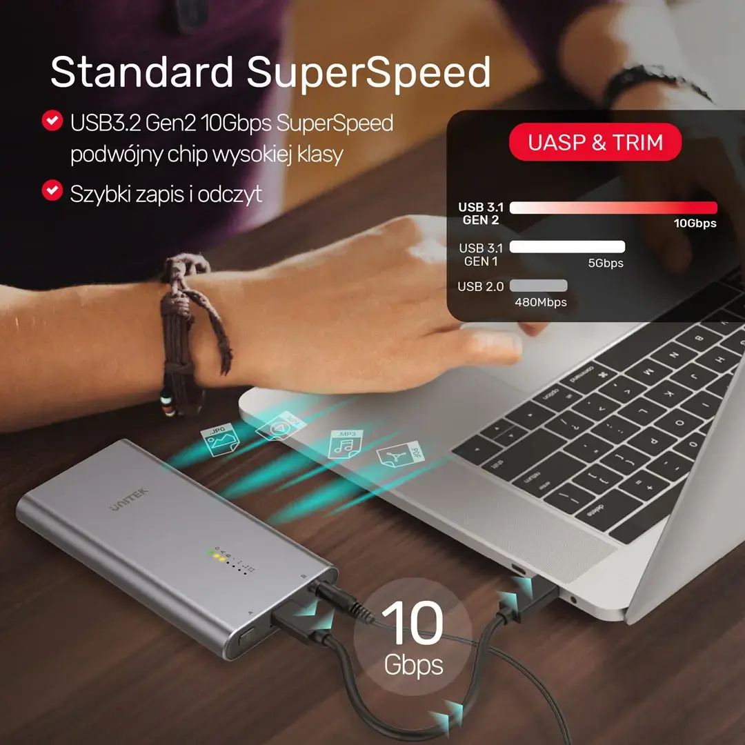 UNITEK SolidForce USB-C ir PCIe/NVMe M.2 SSD 10Gb/s dviejų įlajų korpusas su neprisijungusiu klonu S1206A