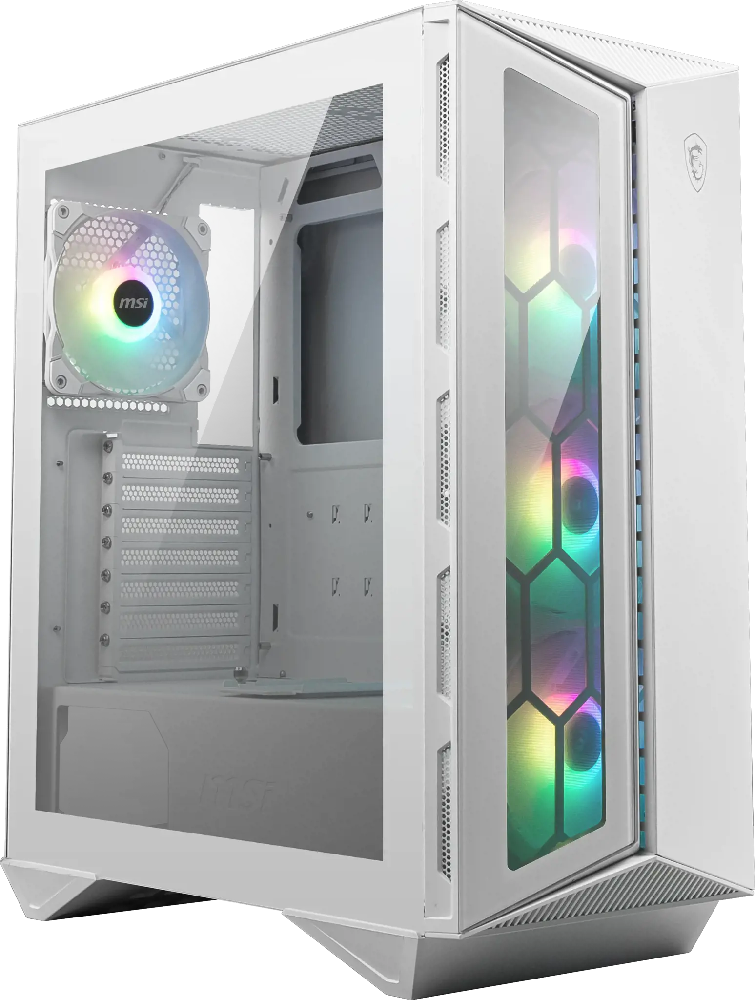 MSI MPG GUNGNIR 110R WHITE Vidutinio bokšto žaidimų kompiuterių korpusas "Baltas, 4x 120 mm ARGB ventiliatorius, 1-6 ARGB valdymo plokštė, C tipo USB, grūdintas stiklas, centrinis, ATX, mATX, mini-ITX", Vidutinio bokšto, kompiuteris, baltas, ATX, micro ATX, mini-ITX, metalinis, žaidimų