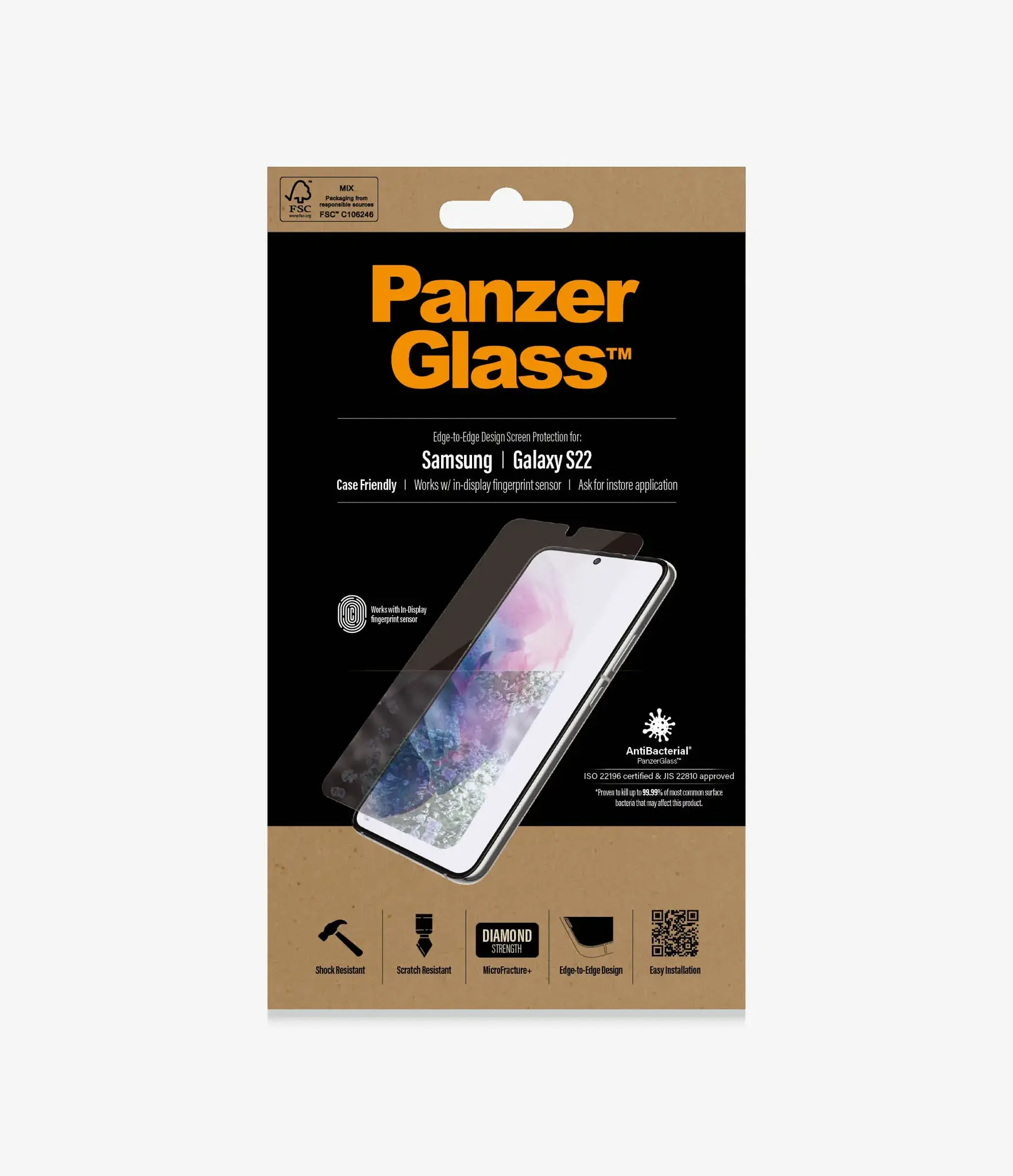 PanzerGlass™ UltraForce1 Samsung Galaxy S22 | Ekrano apsauga, Skaidri ekrano apsauga, Samsung, Samsung, Samsung - Galaxy S22, atspari įbrėžimams, atspari smūgiams, antibakterinė, skaidri, 1 vnt.