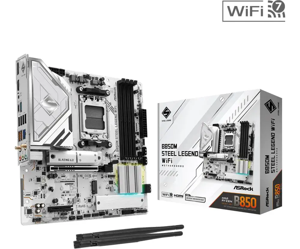 Mainboard ASROCK AMD B850 SAM5 Micro-ATX Memory DDR5 Memory slots 4 4xPCI-Express 4.0 4x. 1xPCI-Express 5.0 16x 1xM.2 1xHDMI 1xDisplayPort 1xAudio-In 1xAudio-Out 1xMicrophone 4xUSB 2.0 3xUSB 3.2 1xUSB-C 1xRJ45 B850MSTEELLEGENDWIFI