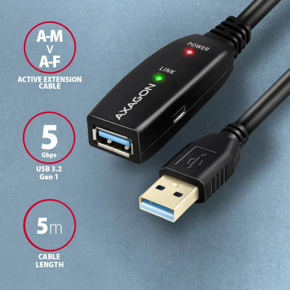 "Axagon Active" USB 3.2 Gen 1 A-M > A-F ilgintuvas, 5 m ilgio. Maitinimo šaltinio parinktis.
