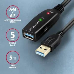 "Axagon Active" USB 3.2 Gen 1 A-M > A-F ilgintuvas, 5 m ilgio. Maitinimo šaltinio parinktis.