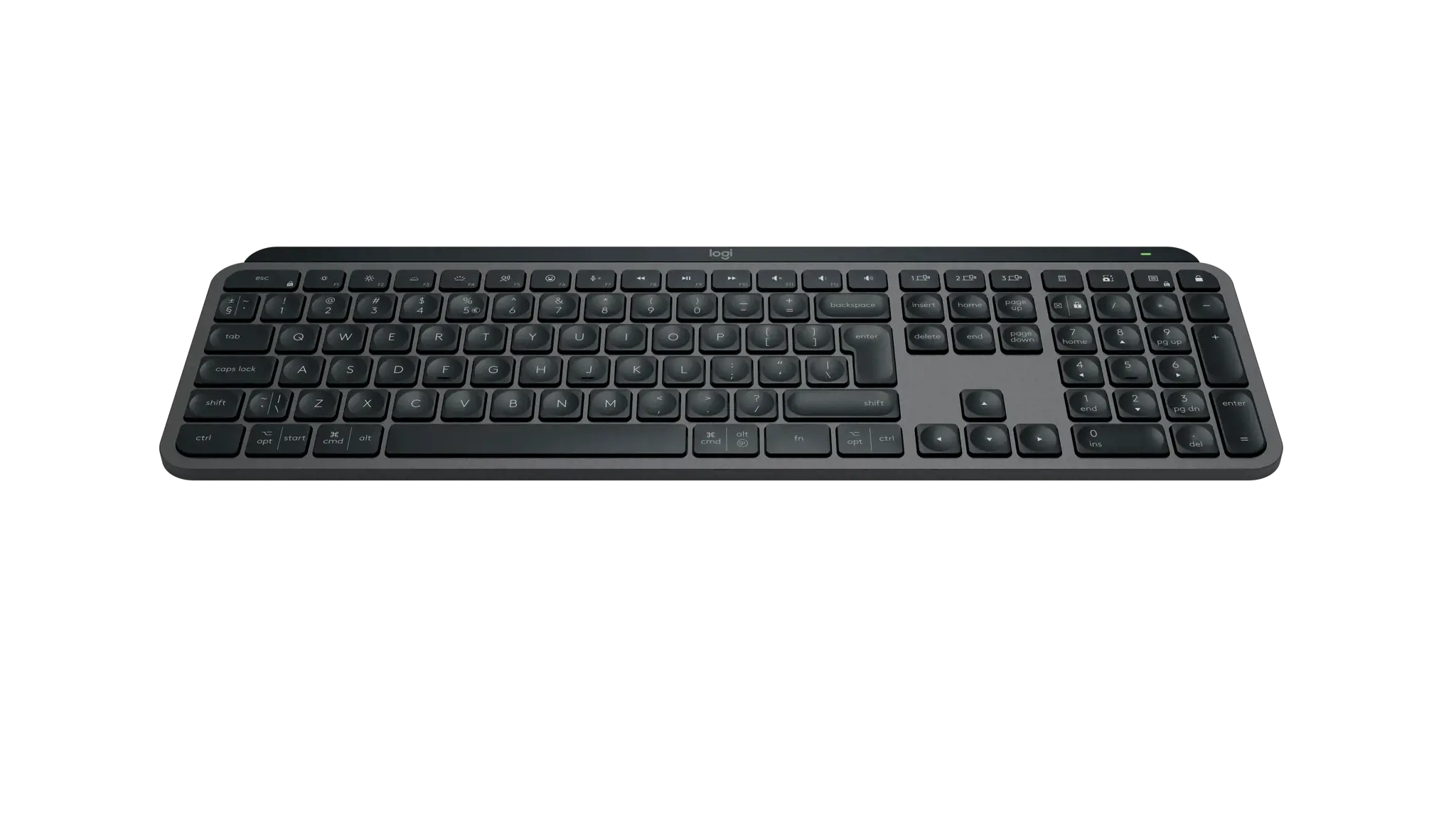 "Logitech MX Keys S", pilno dydžio (100 %), RF belaidis + "Bluetooth", žirklinis klavišų jungiklis, QWERTY, šviesos diodas, grafito spalvos