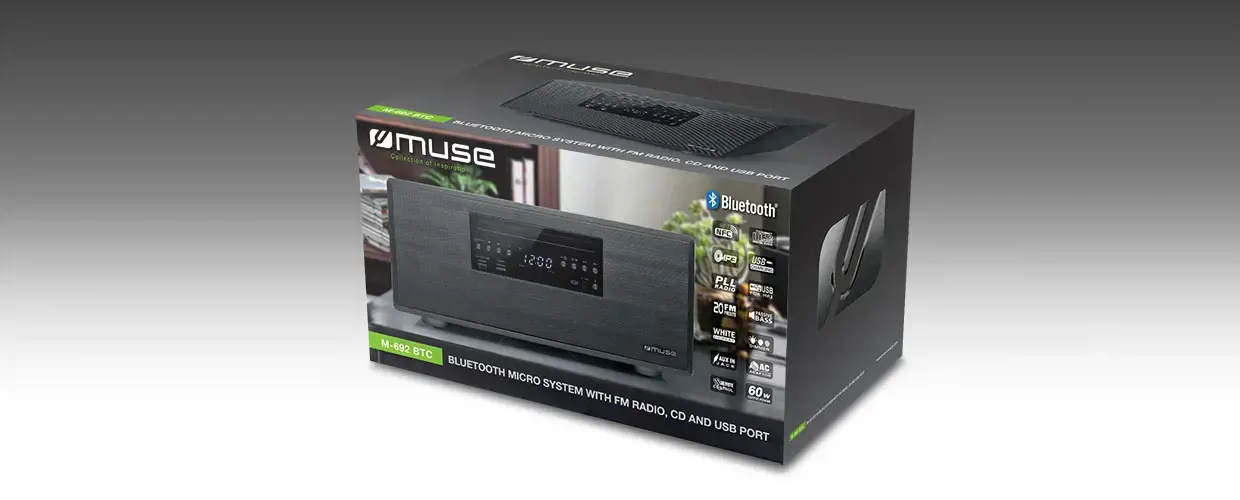 "Muse Bluetooth Micro System" M-692 BTC 2 x 30 W, belaidis ryšys, juoda, FM radijas, CD ir USB jungtis, NFC, "Bluetooth