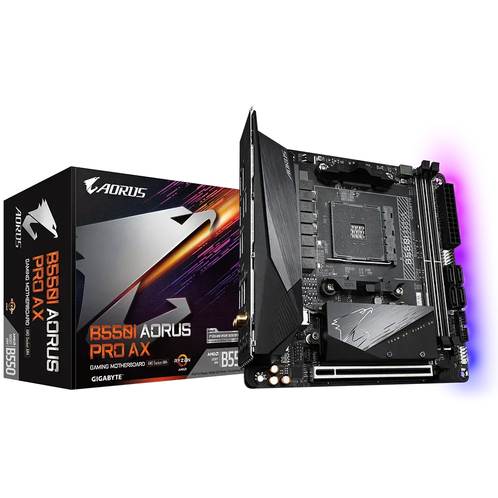 Gigabyte B550I AORUS PRO AX, AMD, "Socket AM4", 3 kartos "AMD Ryzen™ 3", 3 kartos "AMD Ryzen 5", 3 kartos "AMD Ryzen™ 7", 3 kartos..., DDR4-SDRAM, 64 GB, DIMM