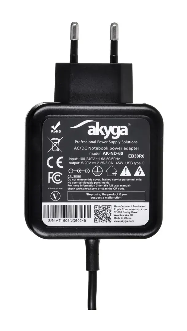 Nešiojamojo kompiuterio maitinimo šaltinis Akyga AK-ND-60 5V 3A, 9V 3A, 12V 3A, 15V 3A, 20V 2,25A C tipo USB 1,2 m