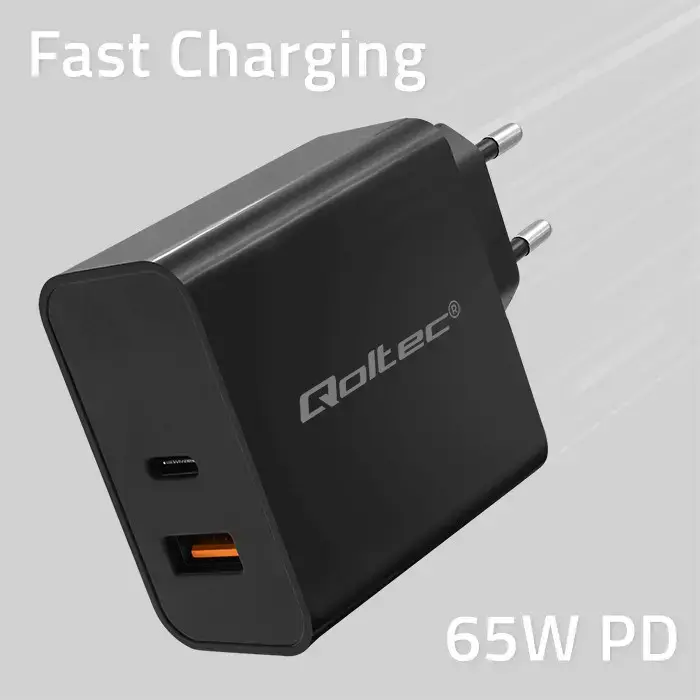 "Super Quick PD" įkroviklis | 1xUSB-C | 1xUSB | 65W | 5-20V | 1,5-3,25A | Juoda