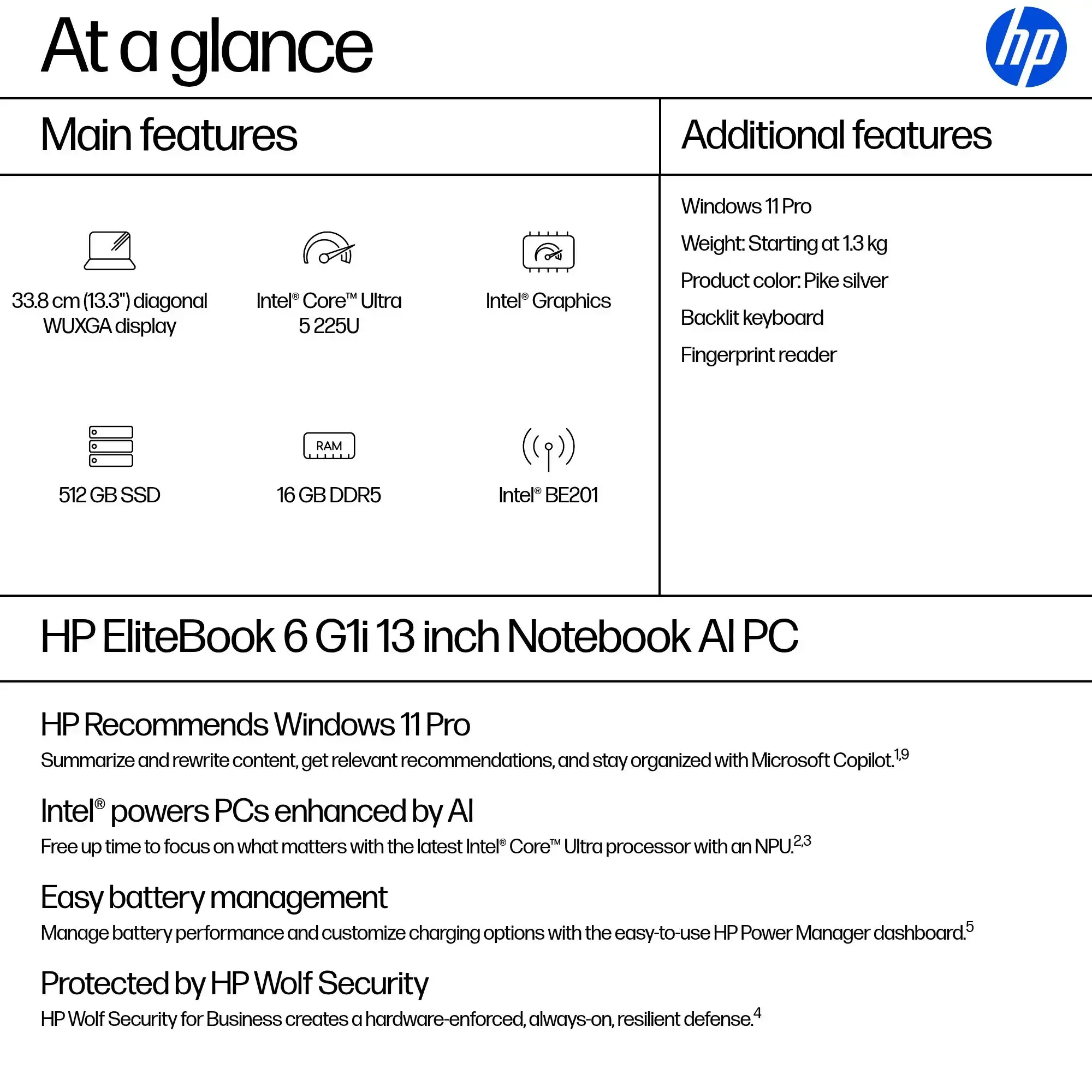 HP EliteBook 6 G1i 13 - Ultra 5-225U, 16GB, 512GB SSD, 13.3 WUXGA 300-nit AG, 5MP IR cam, WWAN-ready, Smartcard, FPR, US backlit keyboard, 56Wh, Win 11 Pro, 3 years