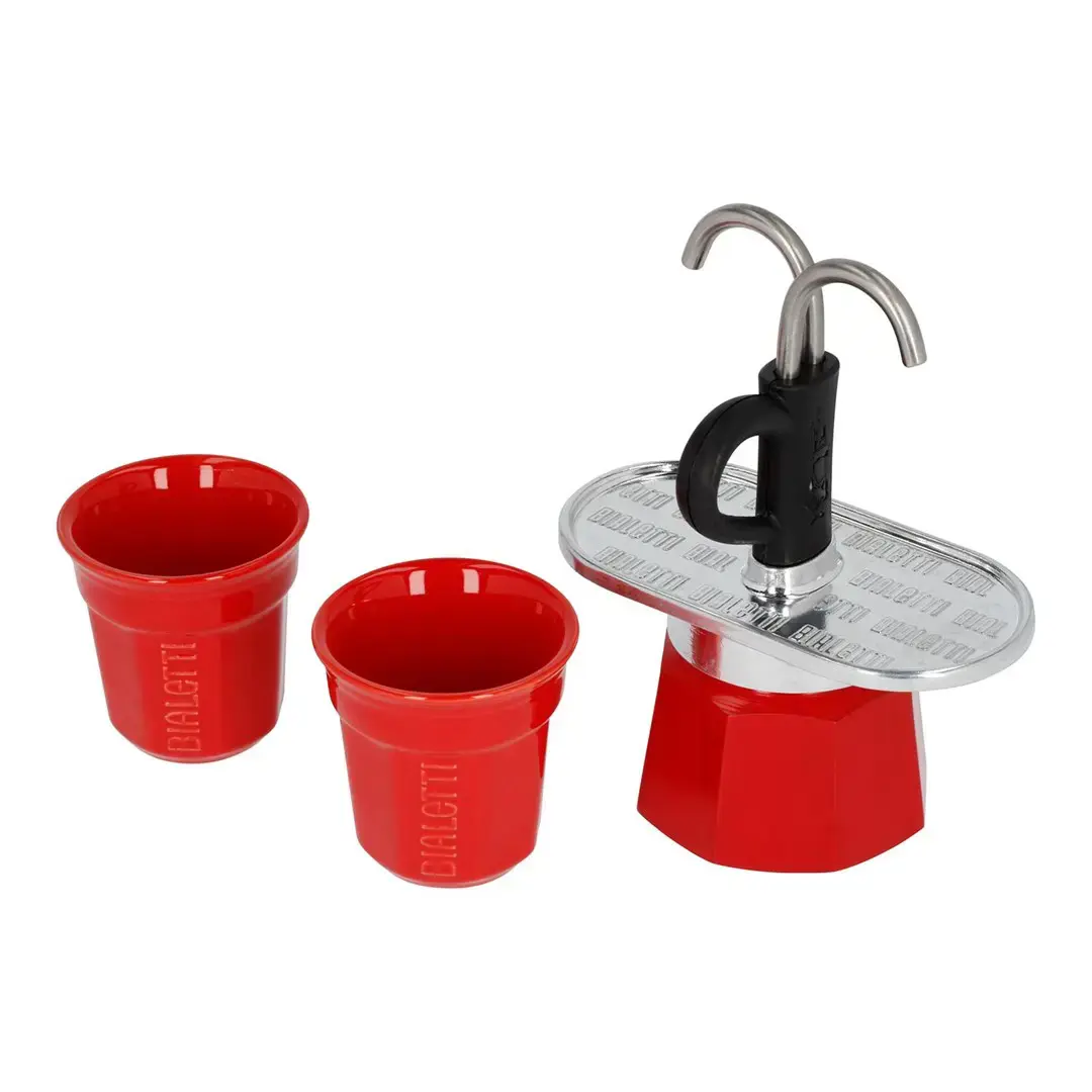 "Bialetti Mini Express" kavos aparatas raudonas 2tz + 2 puodeliai