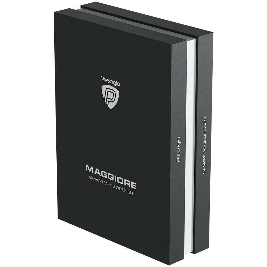 "Prestigio Maggiore", išmanusis vyno atidarytuvas, 100 % automatinis, be įkrovimo atidaro iki 70 butelių, pridedamas folijos pjaustytuvas, aukščiausios kokybės dizainas, 480 mAh akumuliatorius, matmenys D 48*H228 mm, juoda + sidabrinė spalva.